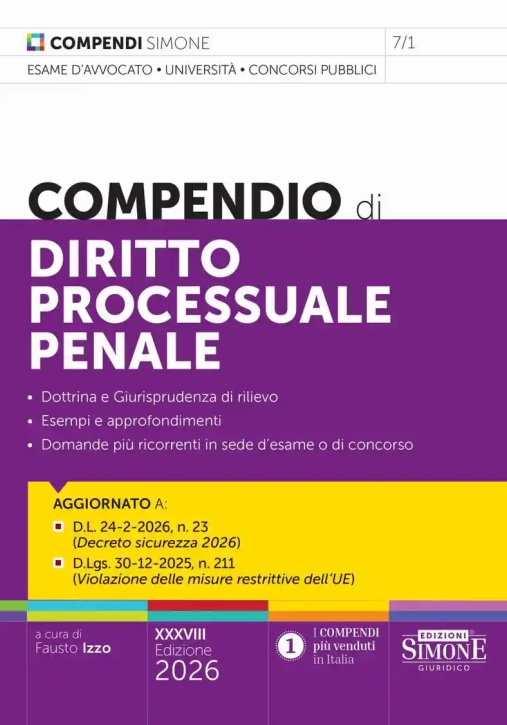 Immagine 0 di Compendio Diritto Processuale Penale 38e